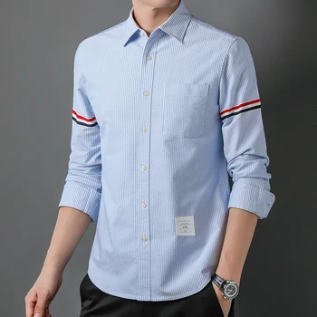 Синя риза в тънка ивица, приталенная ежедневни риза в британския стил мъжка риза с дълъг ръкав, красива модерен парти за пътуване, ежедневно младежка мода