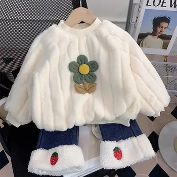 Детски есенен комплект: детски плюшени обикновен топъл пуловер + дънки, комплект от две части, детски дрехи 2023 година, дрехи за момчета и момичета