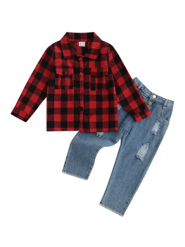 Есенен комплект дрехи за момче, риза в клетка с дълъг ръкав, застегивающаяся на копчета и скъсани дънкови панталони в пакет
