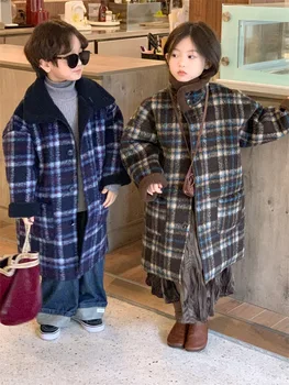 Детско палто, детски палта за момичета и момчета в корейски стил, новост зимата 2023, детско кашемировое палто в клетка с две страни, палто със средна дължина