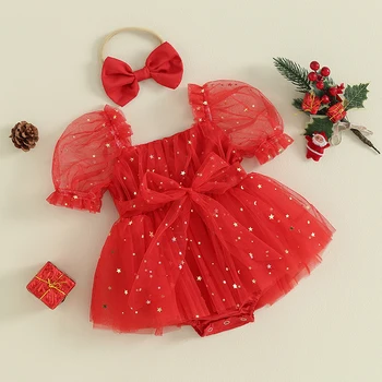 Коледни костюми за малките момичета от 2 теми, къс гащеризон с пищни ръкави, тюлевое рокля, комплект с превръзка на главата, дрехи за новородени