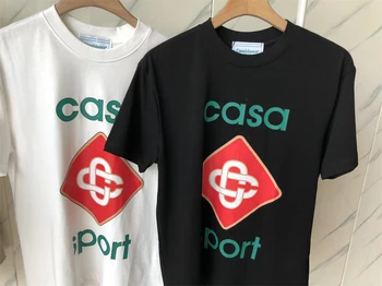 2023SS 
 Тениска Казабланка-За мъже и жени, тениска CASA, Черно-бяла тениска с биркой, облекла в стил хип-хоп
