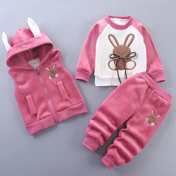 Комплект детска есенно-зимни дрехи 2023 г., е Новост за малки момичета, плюс сгъсти кадифе, 3шт. Сладък Cartoony Заек, Детски спортни дрехи, детски топъл костюм