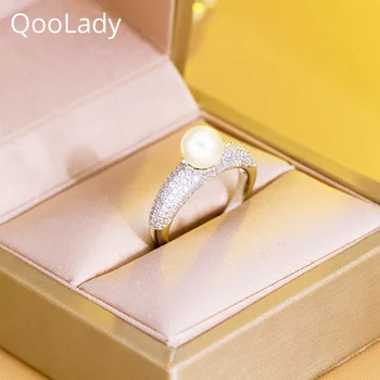 QooLady Елегантен Перла чар CZ Циркон Сребърен цвят Регулируеми пръстени ангажимент за младоженци Пръстени за жени, Бижута за партита Аксесоар F097