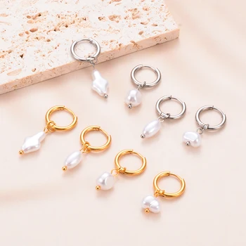 Корейски обеци-халки от неръждаема стомана с имитация на перли, висулки, мода корейски сватбена украса, директна доставка