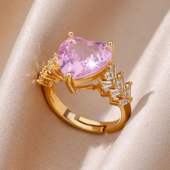 Пръстени от неръждаема стомана, с розово цирконий във формата на сърце, Позлатените Луксозно Естетически пръстен, Модни бижута сватба, подарък за жена за рожден Ден