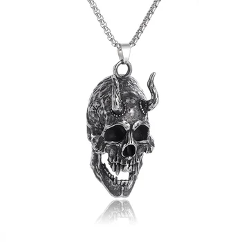 Готически медальон с череп във формата на рог, Ретро Демон, Сатана, овче главата, колие Луцифер, мъжки индивидуалност, байкерские украса в стил пънк-рок, екзорсист.