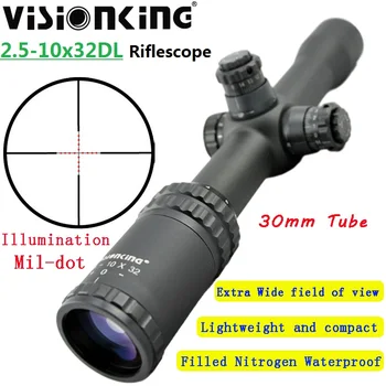 Широкоъгълен тактически мерник Visionking 2.5-10x32, лек и водоустойчив заключване револьвера, ловен оптичен прицел с подсветка Mil-dot