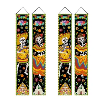 Хелоуин скелет на вратата виси на банер декоративни отпред знак на верандата на тематични фестивали, партита снимка подпори на двора