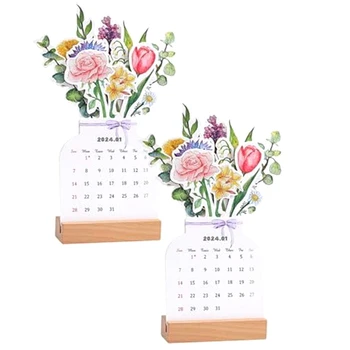 Настолен Календар 2024 Bloomy Flowers С Дървена Основа, Креативен Цветен Настолен Календар, Настолен Календар 2024 Красиви Цветя И Трайни