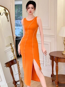 2023 Елегантно модно Секси рокля Макси Оранжев цвят с ярки диаманти, халат за баня с цепка, дамско луксозно дебнещ рокля за бала, Vestidos Mujer