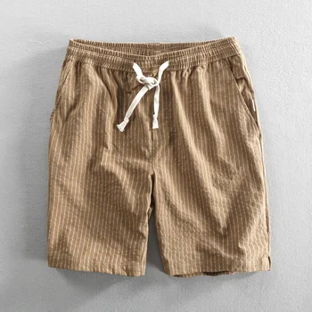 Летни памучни плажни шорти, панталони за мъже, ежедневни Дишащи и Удобни младежки мъжки къси панталони на райета със свободен шнурком, скъсяване на Панталон