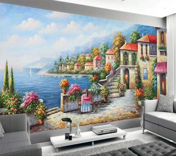 тапети beibehang по поръчка, 3d стенописи, пейзаж на средиземноморския приморски имоти, маслени бои, тапети, боядисване на домашен интериор.