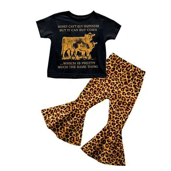Търговия на едро комплекти Black Highland Cow За момичета, Леопардовые разкроена панталони с къс ръкав, съоръжения