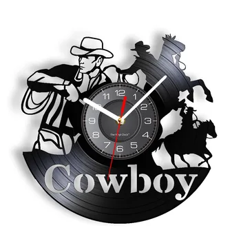 Каубойски стенни часовници от тази винил плочи, разработчик на американския Див Запад, Horse Hero, Светещи стенни часовници, Черно окачен декор
