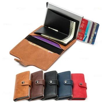 Кожен държач за кредитни карти с RFID заключване - автоматично поп чантата си, алуминиев тънък джоб калъф за визитни картички двойно събиране Stonego