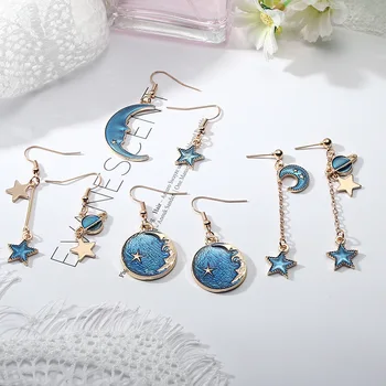Модерни обеци-халки, темпераментни обеци с пискюли, сини звезди, дълги асиметрични обеци, медальон, подарък за жена