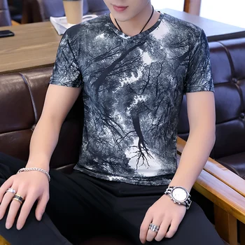Лятна новост 2022 г., тениска с къс ръкав и принтом от ледената коприна, корейската версия с V-образно деколте, младежта тънка тениска с къс ръкав