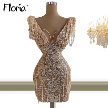 Floria Champagne Луксозно Мини-рокля за абитуриентски бал За жени С V-образно деколте и по-къси ръкави Златни Рокли за абитуриентски партита Vestidos De Fiesta Клубна облекло