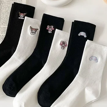Памучни чорапи Sanrio Kawaii Cinnamoroll Kuromi My Melody с анимационни бродерия, сладък студентски чорапи-тръбички, обикновена домашни топли чорапи