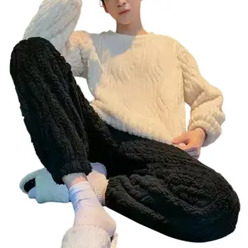 Комплект пижамных панталони с завязывающимся дизайн, Модни Однотонная Пижами за жени, Уютен мъжки Фланелевый Пижамный комплект за есента